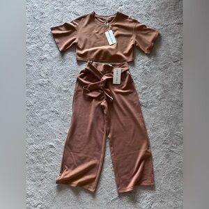 Ribbed Tie-Waist Wide Leg Pant Set - Rust
